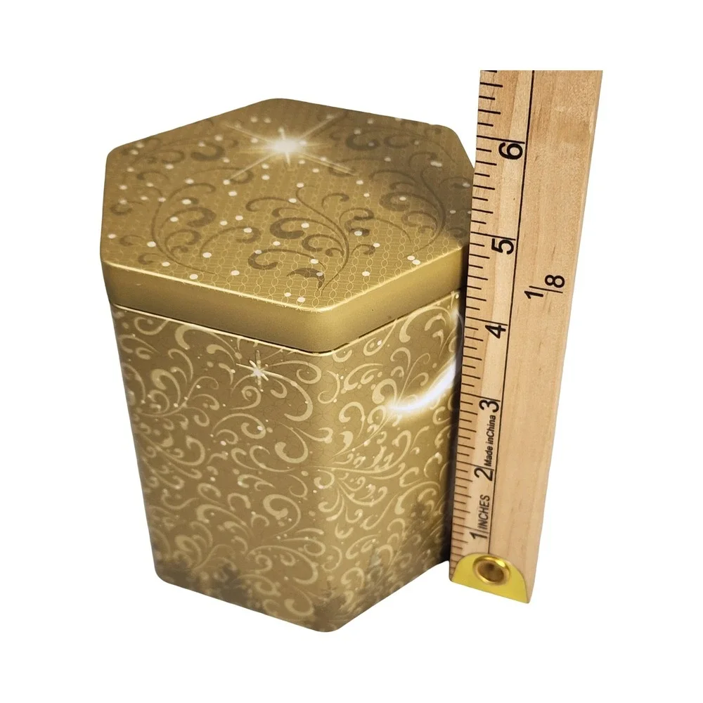 Gold Hexagon‎ Celestial Scrollwork Metal Tin Star Moon Holiday Storage Box 4.5in